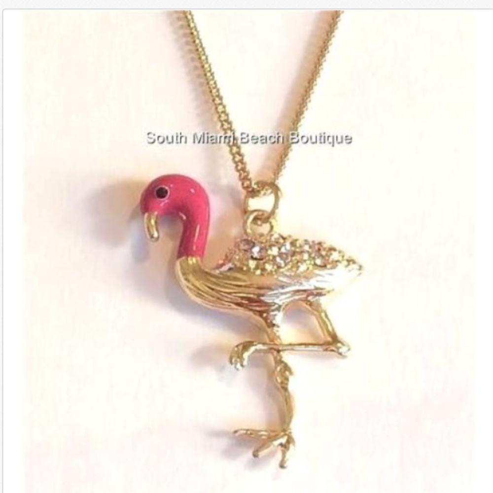 Gold Pink Flamingo Necklace Crystal Island 33"